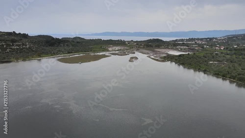 Aerial Drone View of River Lagoon Wetland Landscape Near Dikili, Izmir Turkey with Mountains and Sea