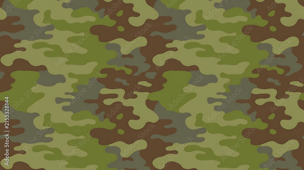 Fototapeta premium Seamless camouflage pattern featuring olive green brown and black organic shapes for military textile design backgrounds
