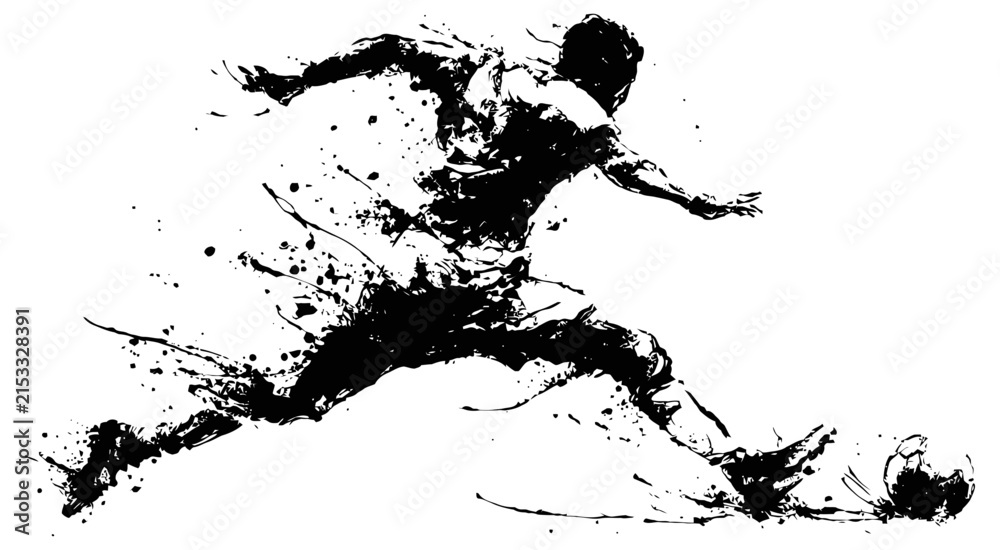 Obraz premium Dynamic soccer player kicking ball with explosive ink splash effect in black and white