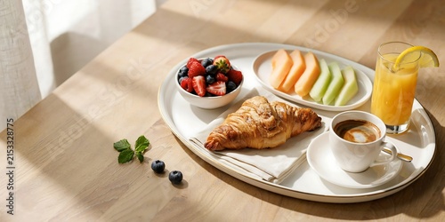 Delicious continental breakfast tray with croissant, fresh fruit salad, sliced melon, coffee cappuccino, and glasses of orange juice served on a light wooden table in bright morning sunlight
