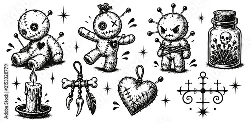 voodoo dolls with pins, mystical symbols, candle, and potion bottle in vintage sketch