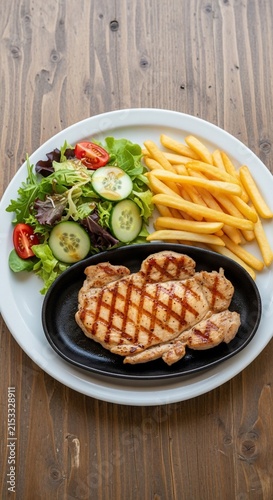 Grilled perfection: a succulent steak, crispy fries, and a vibrant salad.