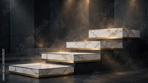 Elegant Marble Pedestals with Golden Accents in Dramatic Lighting.