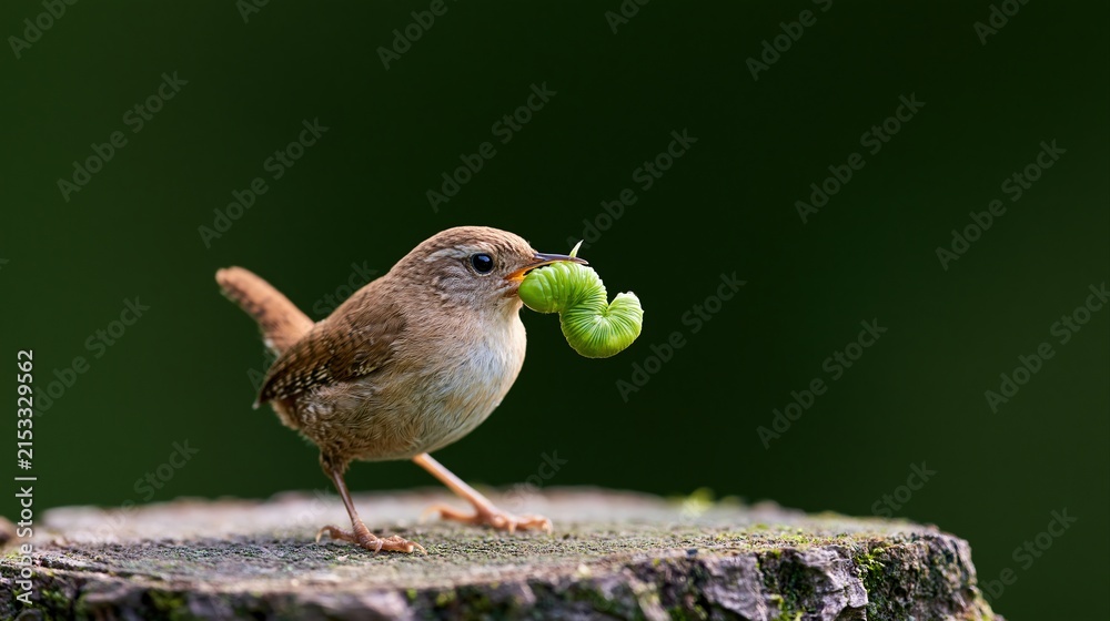 Obraz premium Small brown wren bird with a green caterpillar in its mouth standing on a mossy wooden stump