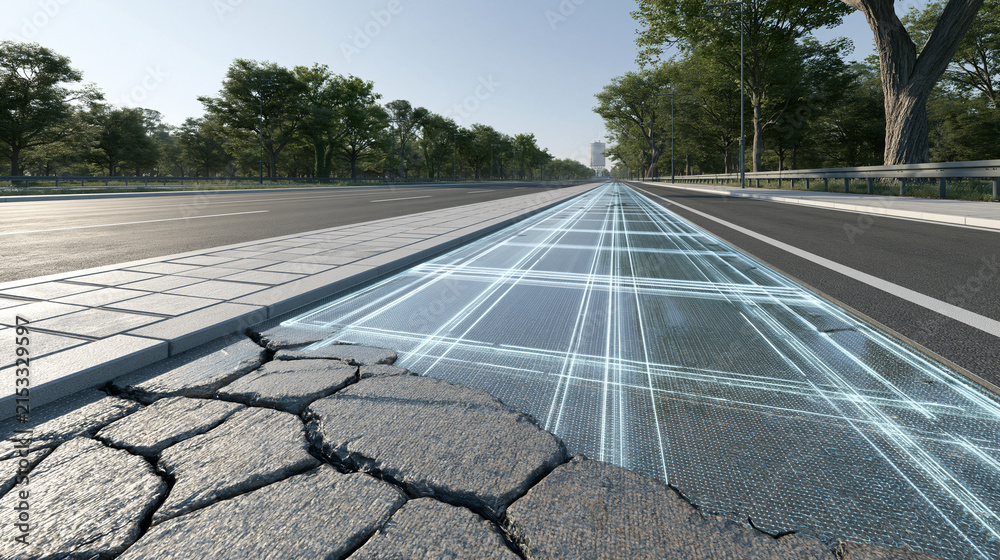 Obraz premium Road infrastructure cross section showing digital grid wireframe overlay on damaged pavement for smart city civil engineering.
