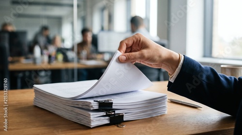Professional woman reviewing stack of paper documents in office