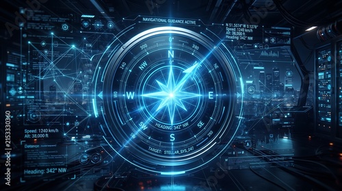 Futuristic digital compass interface with holographic navigation data and glowing light lines set against a hightech control room environment backdrop