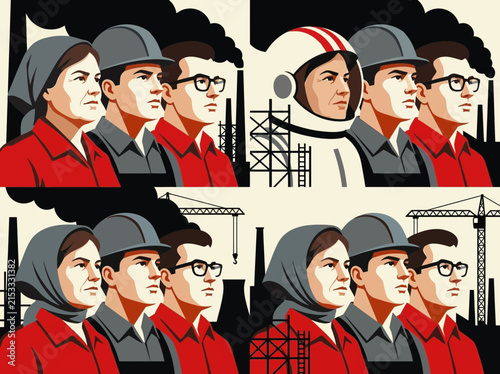Soviet Style Industrial and Space Workers Propaganda Illustration