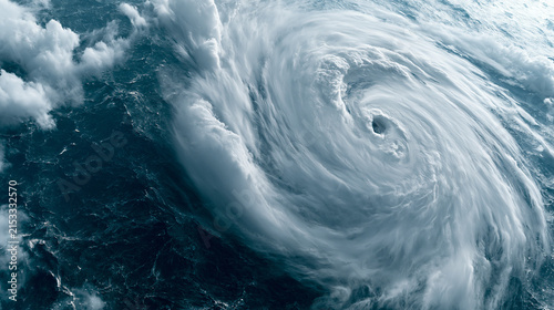 Satellite view of massive hurricane vortex swirling over dark blue ocean waters.