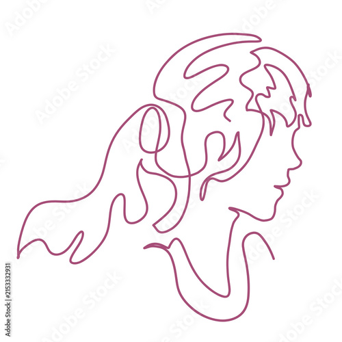Drawing of a young woman's head with long hair tied in a ponytail, created with a single continuous line
