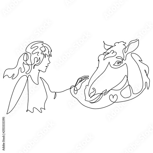 Girl and horse, single-line black drawing