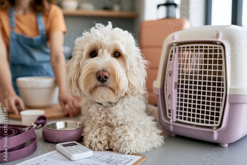 Curly coated dog sitting beside a pet carrier and travel supplies at home, ideal for pet transport, veterinary care and relocation planning concepts.