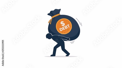 Person carrying a heavy debt bag, flat 2D vector animation element on a transparent background representing financial burden and loan pressure.