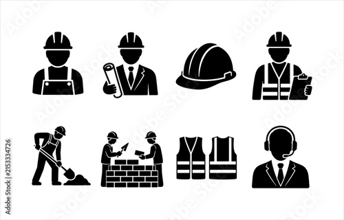 Industrial construction worker icons pack including builder mason foreman with safety equipment and high visibility vest. Minimalist new update icon vector