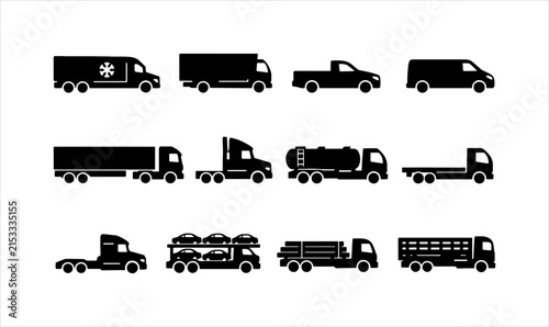 Graphic collection of solid black transportation truck silhouettes representing different types of heavy duty vehicles. Minimalist new update icon vector