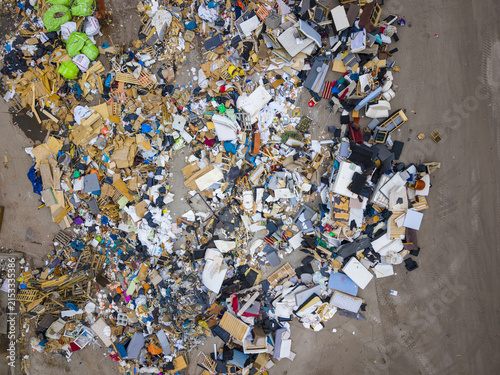 Aerial view of a large pile of mixed waste and discarded materials at a recycling facility in Agnesberg, Gothenburg, Vastra Gotaland County, Sweden.
