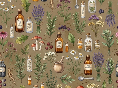 Seamless vintage botanical pattern with herbal apothecary bottles, medicinal plants, wildflowers, mushrooms and berries on brown background, natural pharmacy illustration
