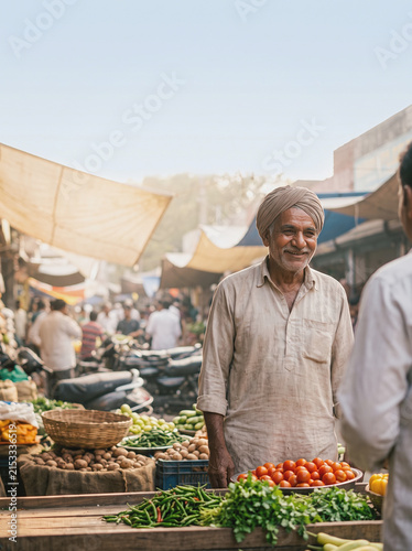 Elderly Vendor Serving Senior Customer at Indian Vegetable Market