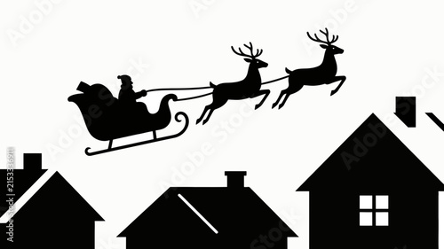 Santa Claus sleigh pulled by reindeer flying over snowy village rooftops at night
