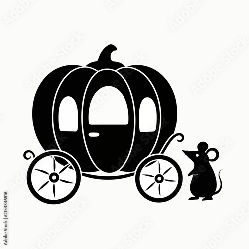 Black mouse pulling vintage pumpkin carriage illustration for Halloween or fairy tale theme