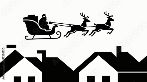 Silhouette of Santa Claus riding sleigh pulled by reindeer over snowy rooftops at night