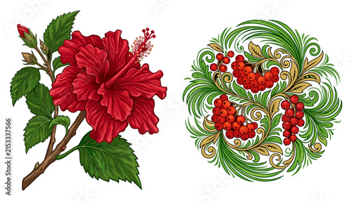 Фотография Beautiful Blooming Red Hibiscus Flower and Traditional Khokhloma Style Round Orn