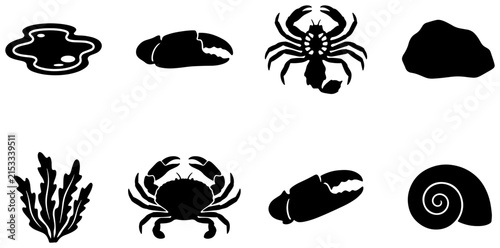 Marine Life Icons Set: Crab Claws, Lobster, Seaweed, Shell, Rock, and Blob Shapes for Seafood and Ocean Themes