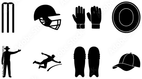 Cricket Equipment Icons Set, Sports Gear Vector Graphics, Baseball Accessories Collection, Athletic Gear Symbols for Game Design