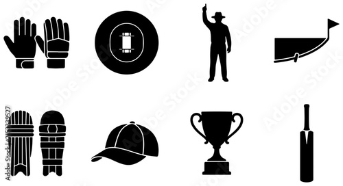 Cricket Sport Icons Set, Vector Graphics for Game Equipment, Umpire, Trophy, and Field Elements, Black and White Silhouette Collection