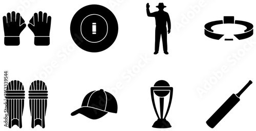 Cricket Sport Icons Set, Vector Graphics Collection: Bat, Ball, Wicket, Umpire, Trophy, Stadium, Gloves, Pads, Cap