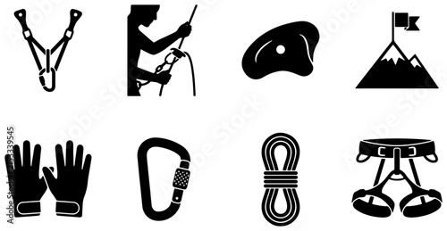 Rock Climbing Gear Icons Set: Harness, Rope, Carabiner, Gloves, Belayer, Hold, Summit Flag, Vector Graphics for Outdoor Adventure and Sports