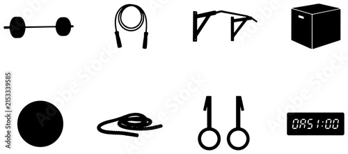 Fitness Equipment Icons Set: Barbell, Jump Rope, Pull-up Bar, Box, Ball, Rings, Timer, Vector Graphics for Gym and Workout