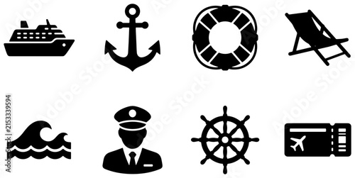 Nautical and Travel Icons: Cruise Ship, Anchor, Lifebuoy, Deck Chair, Waves, Captain, Ship's Wheel, Airplane Ticket, Vector Set