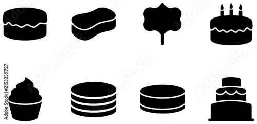 Collection of Black Silhouette Icons: Cakes, Sponge, Signpost, Stacked Discs for Celebration, Baking, Cleaning, and Information Design