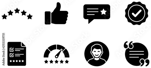 Customer Feedback Icons Set: Star Ratings, Thumbs Up, Testimonials, Quality Badges, Surveys, Performance Gauges, User Profiles, Quotation Marks