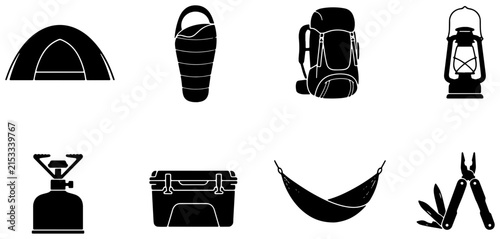 Camping Gear Icons: Tent, Sleeping Bag, Backpack, Lantern, Stove, Cooler, Hammock, Multitool Set for Outdoor Adventure
