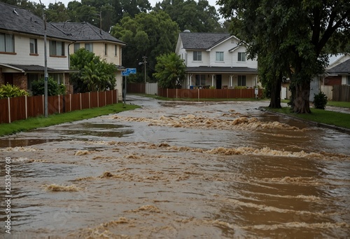 An overflowing river floods nearby streets as heavy rainfall raises water levels across the surrounding community
