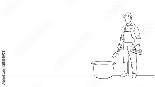 animated continuous line drawing of male plasterer or bricklayer holding trowel and float tool next to a mortar tub, line art animation