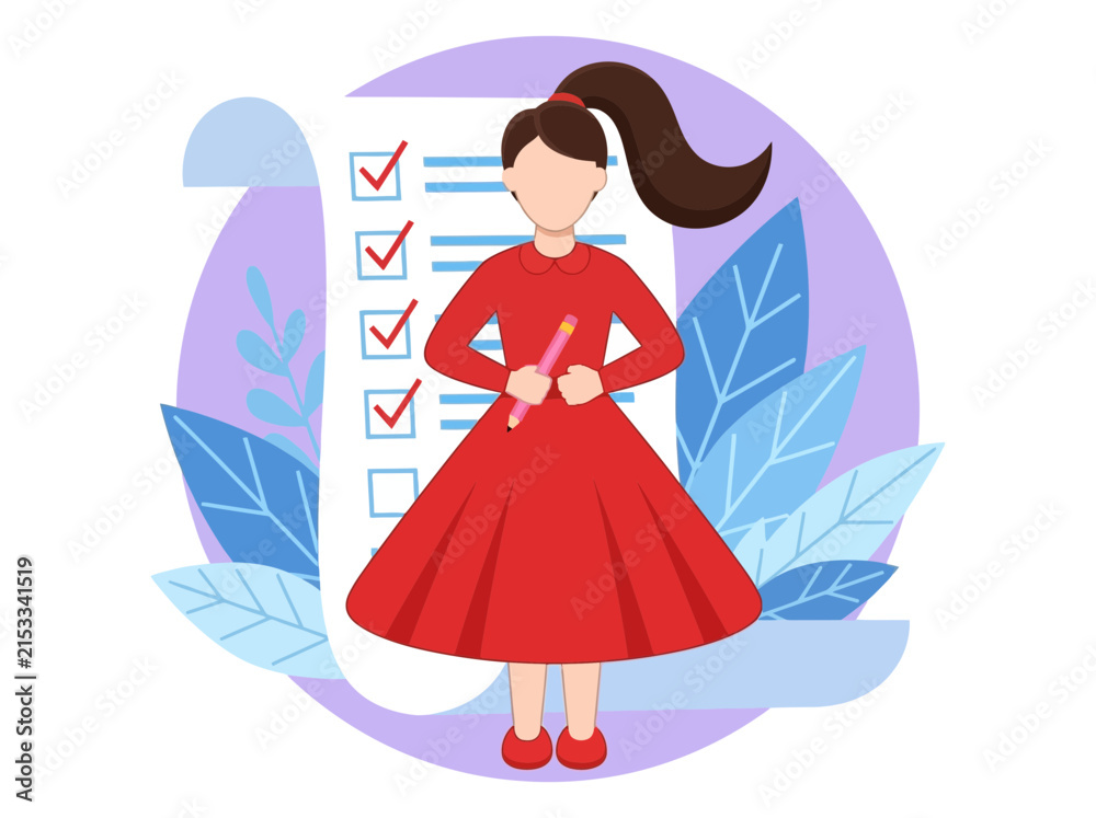 Fototapeta premium Woman in Red Dress with Large Checklist and Pencil Illustration