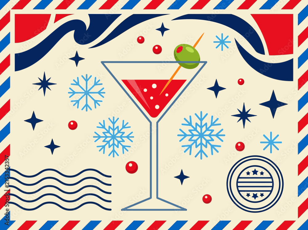Obraz premium Retro Winter Cocktail Illustration with Martini Glass and Airmail Border