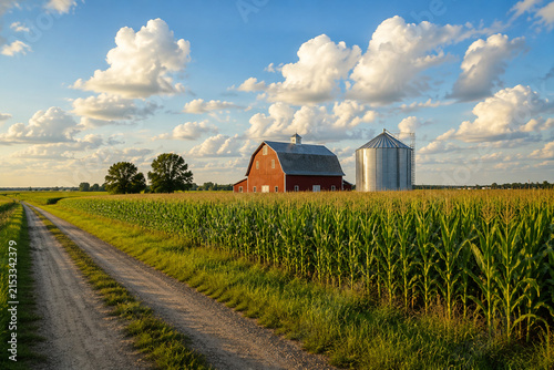 Corn field leading to red barn and silo, American farm and agriculture concept