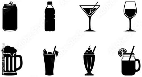 Beverage Icons Set: Soda Can, Water Bottle, Martini, Wine Glass, Beer Mug, Cocktail, Milkshake, Mason Jar Drinks