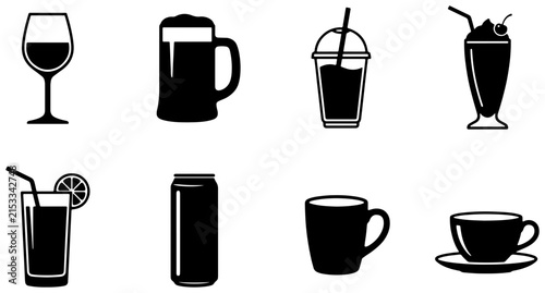 Set of 8 Black Beverage Icons: Wine Glass, Beer Mug, Soda Cup, Milkshake, Juice, Can, Coffee Mug, Espresso Cup