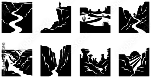 Desert Landscape Silhouettes, 8 Vector Icons Set: Arid Canyons, Rock Formations, Sunsets, and Hikers for Outdoor Adventure and Travel Graphics