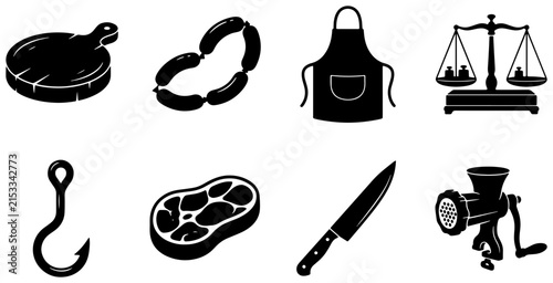 Butcher Shop Icons Set: Meat, Tools, and Equipment Vector Graphics for Culinary and Food Industry