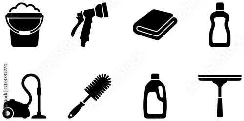Cleaning Supplies Icons Set, Household Chores Vector Graphics, Home Maintenance Tools Collection, Black and White Icons for Hygiene and Sanitation