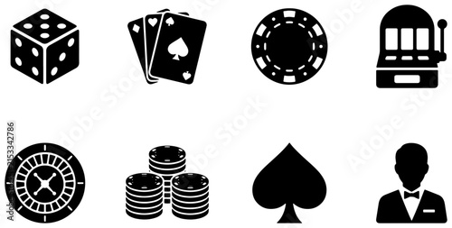 Casino Icons Set, Gambling Vector Graphics, Poker Chips, Dice, Roulette Wheel, Slot Machine, Playing Cards, Dealer Silhouette, Black and White Icons