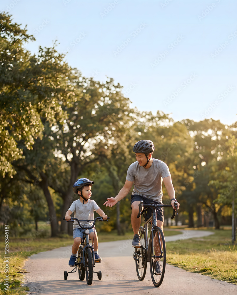 Fototapeta premium Asian father and son cycling in park.