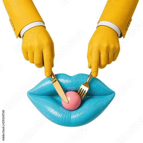 Surreal yellow hands cutting pink ball between glossy blue lips, bizarre food concept and surrealism