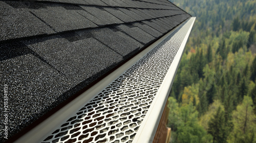 Gutter Guard Installed On Residential Asphalt Shingle Roof Protection System Close Up View

